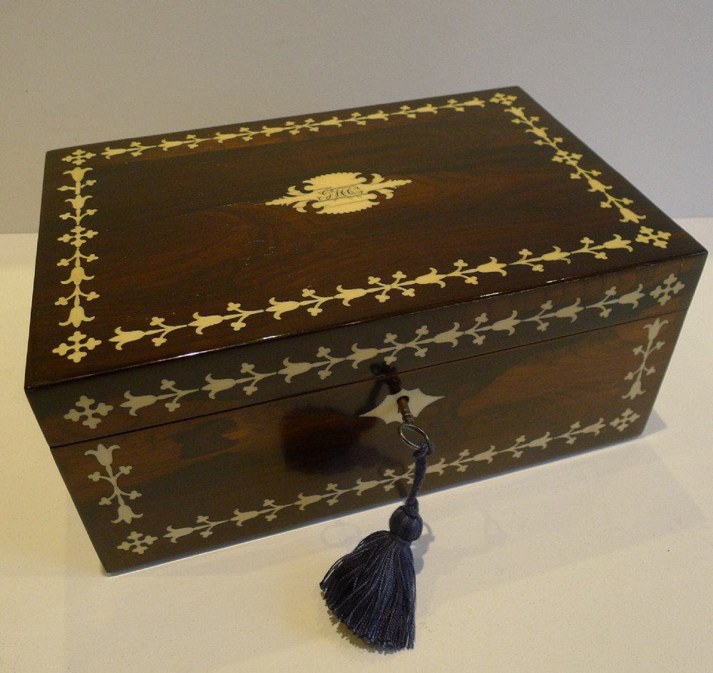 Magnificent Antique English Ivory Inlaid Rosewood  Desk or Table Box c.1830