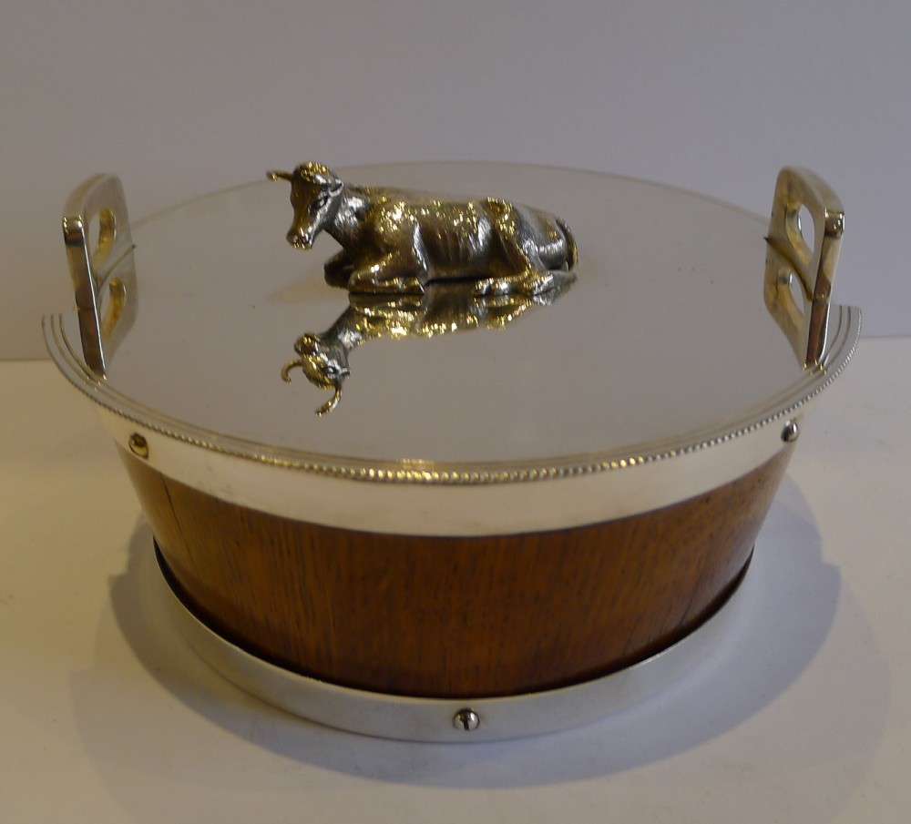 Antique English Coopered Oak & Silver Plate Figural Butter Dish c.1890 - Cow
