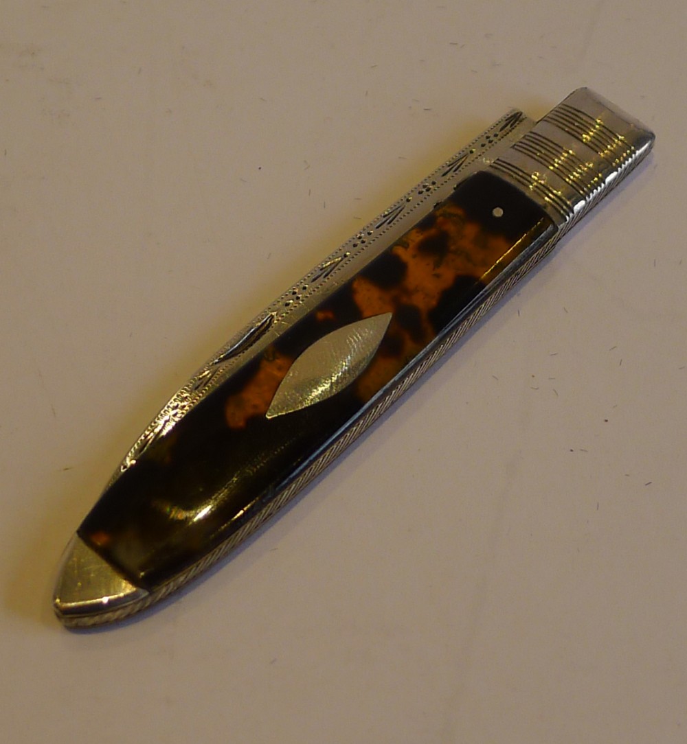 Antique English Tortoiseshell & Sterling Silver Fruit Knife c.1800