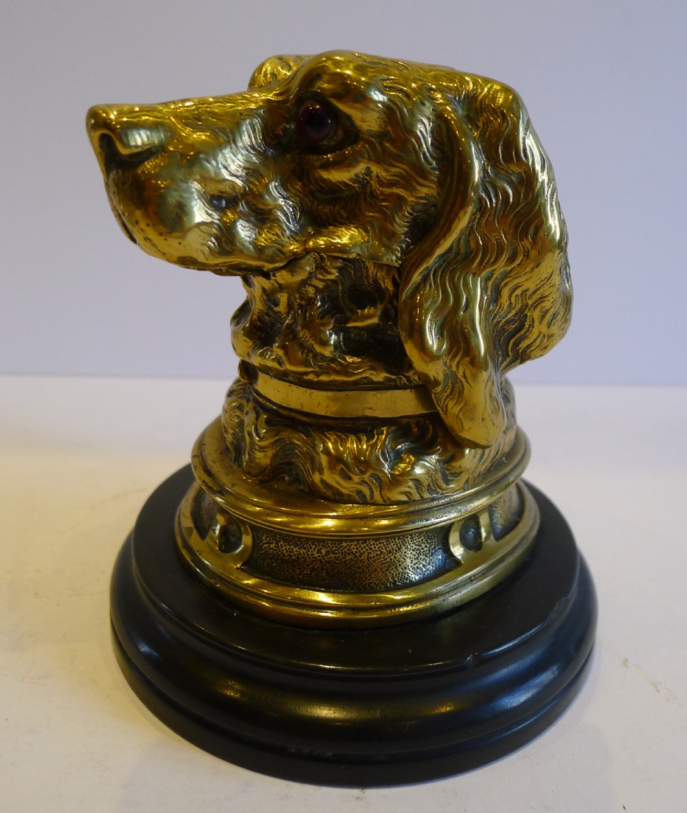Antique English Figural Brass Inkwell - Dog - Original Glass Eyes, Stone Base, c.1880