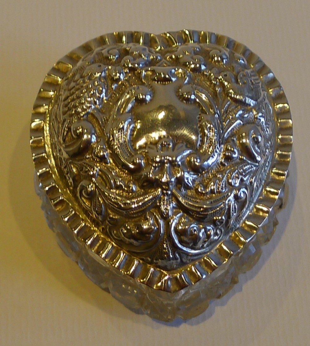 Antique English Cut Crystal Heart Shaped Box - Sterling Silver Lid