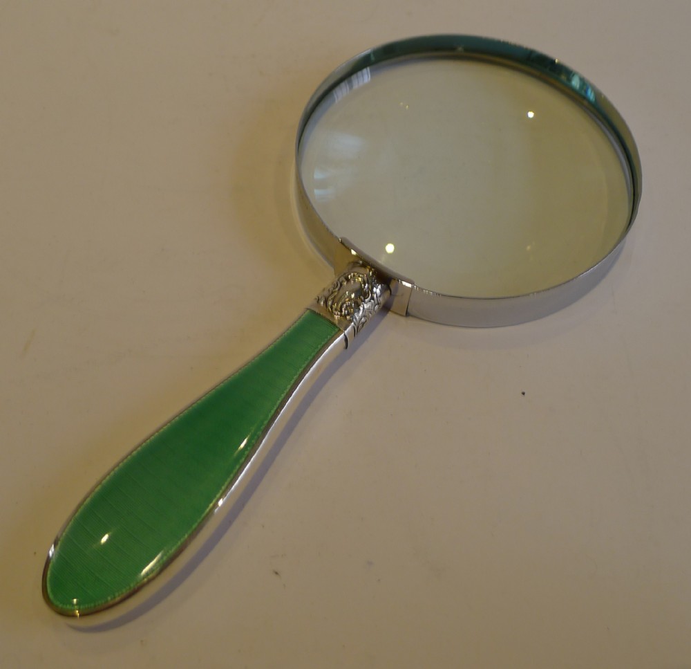 English Sterling Silver & Guilloche Enamel Handled Magnifying Glass
