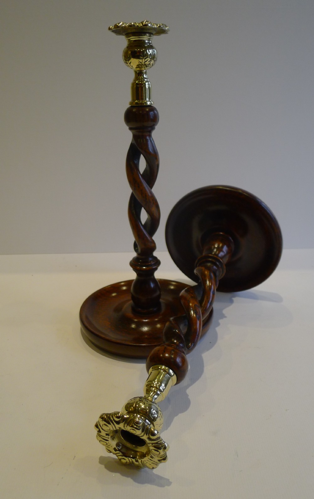 Pair Antique English Oak Open Barley Twist Candlesticks - Brass Thistle Tops