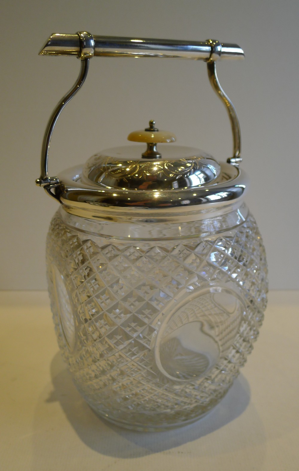 Top Notch Unusual Antique English Cut Crystal & Silver Plate Biscuit Box