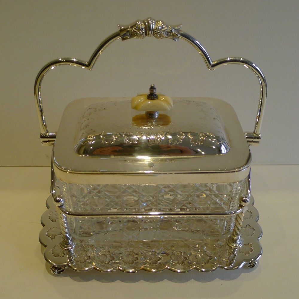 Top-Notch Antique English Cut Crystal & Silver Plate Biscuit Box - Walker & Hall
