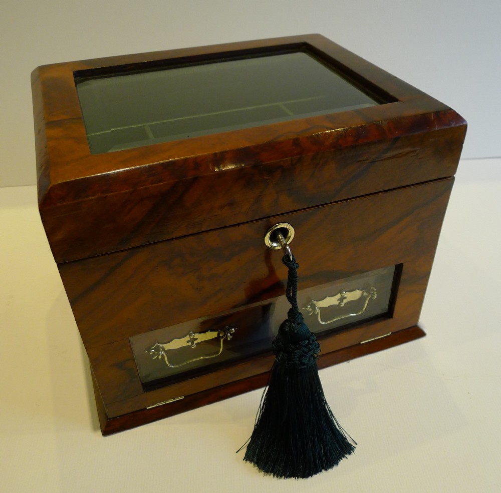 Antique English Walnut & Glass Jewellery Box c.1890