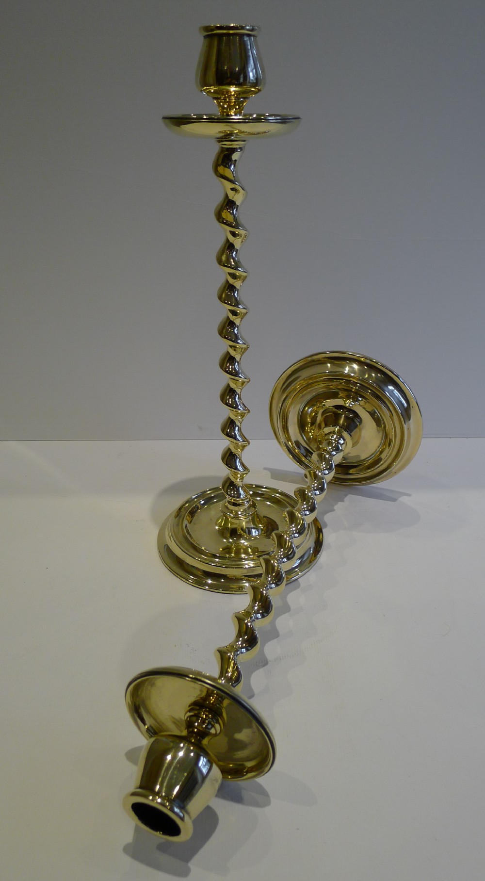 Unusual Pair Antique English Brass Twist Candlesticks c.1890