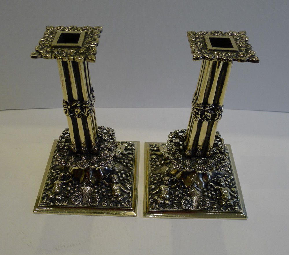 Antique English Cast Brass Candlesticks - Cherubs c.1880