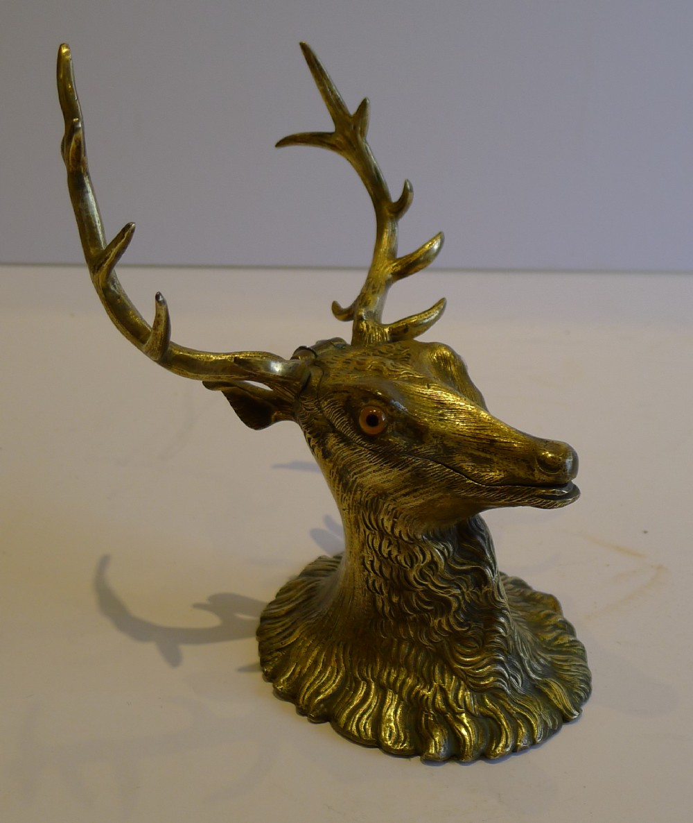 Antique English Figural Brass Inkwell - Original Glass Eyes - Stag, c.1880