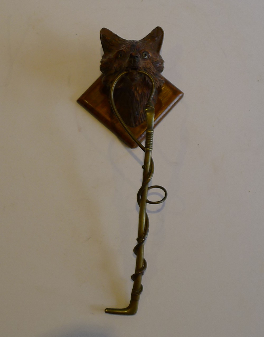 Antique Black Forest Carved Fox Head & Brass Riding Crop Hook c.1890