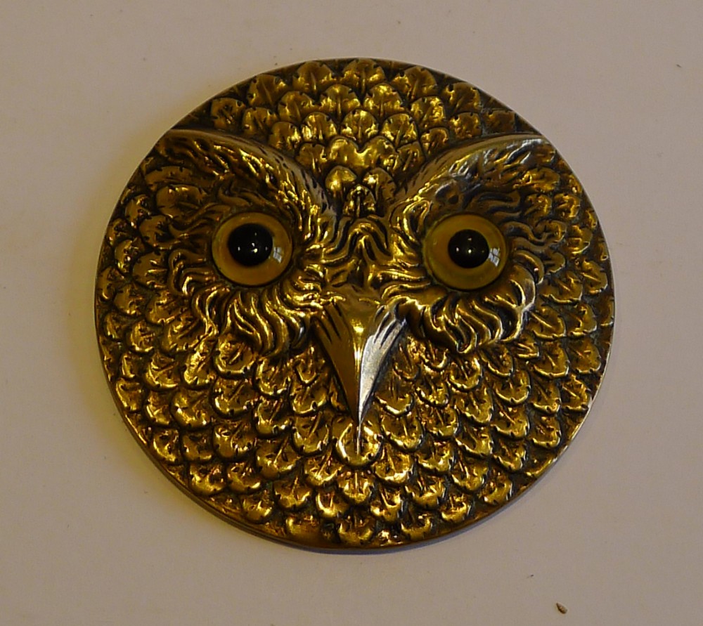 Antique English Figural Pocket Mirror - Owl With Glass Eyes c.1900