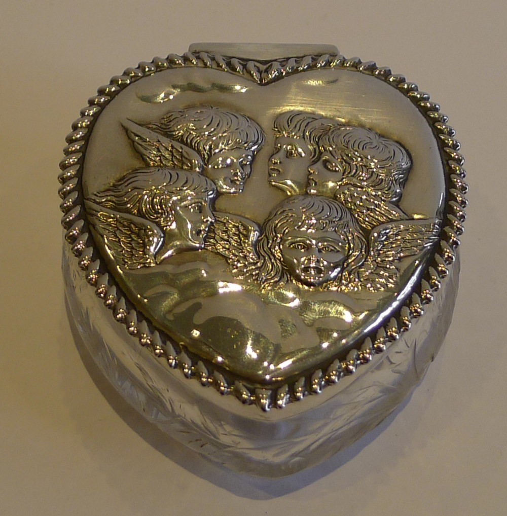 Fabulous Antique English Engraved Glass & Sterling Silver Reynold's Angels Box - 1898