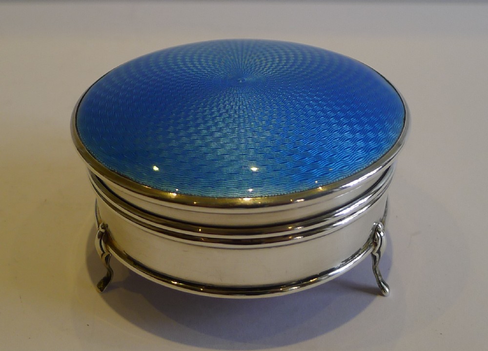 English Sterling Silver & Blue Guilloche Enamel Jewellery Box - 1927