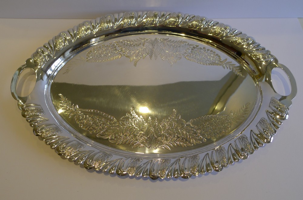 Stunning Antique English Silver Plated Serving Tray Engraved With Ferns, c.1910