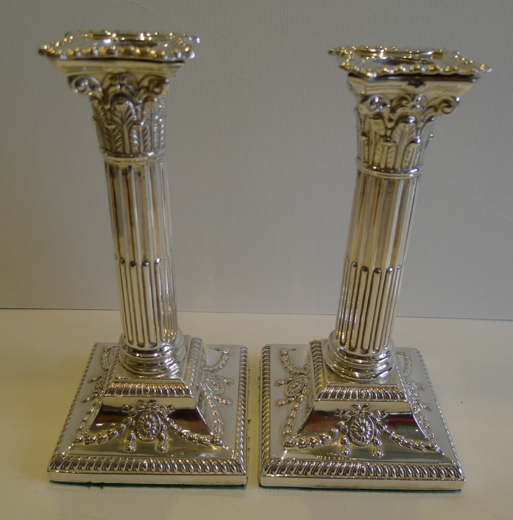 Pair Antique English Silver Plated Candlesticks - Corinthian Columns