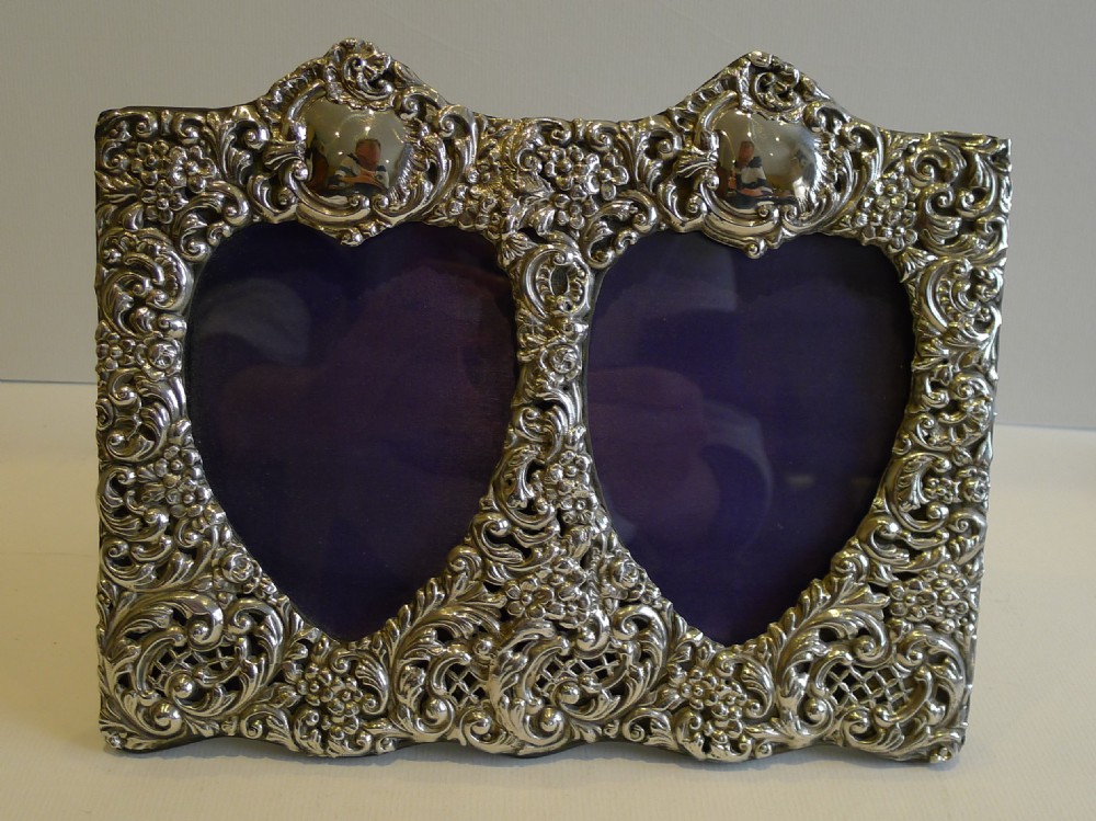 Antique English Sterling Silver Photograph Frame - Double Heart - 1901