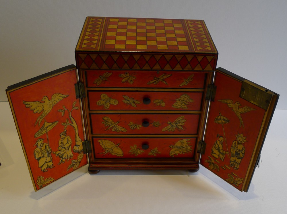 Rare & Vibrant English Regency Chinoiserie Jewellery Cabinet c.1820