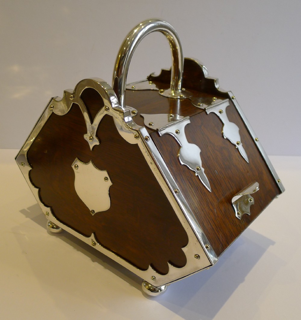 Rare Antique English Oak & Silver Plated Biscuit Box - Reg. 1879