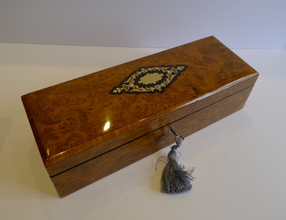 Antique French Inlaid Burr Cedar & Tulipwood Glove Box c.1860