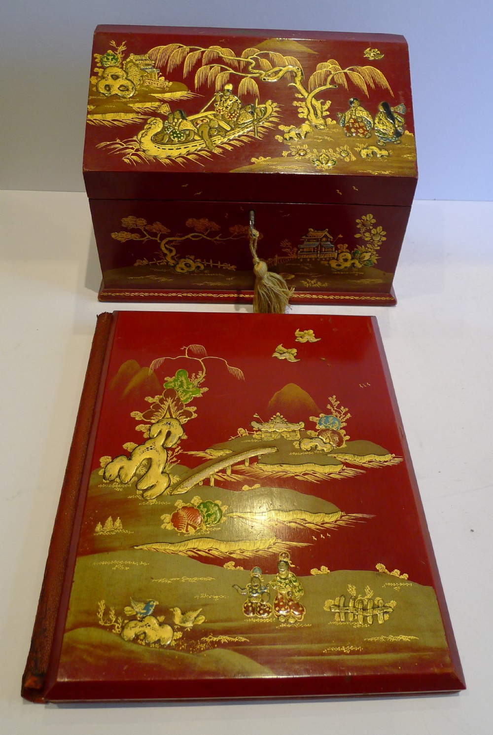 Antique English Edwardian Red Chinoiserie Desk Set c.1910