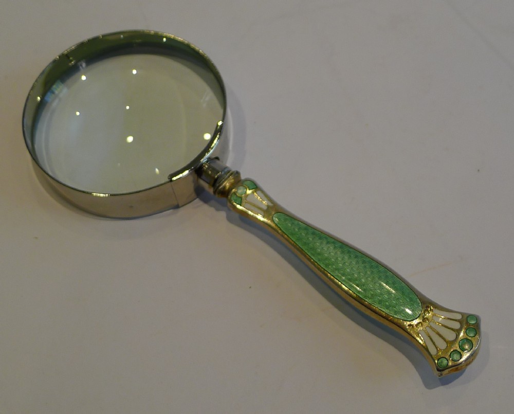 Pretty Vintage Silver Gilt & Enamel Handled Magnifying Glass - 1926