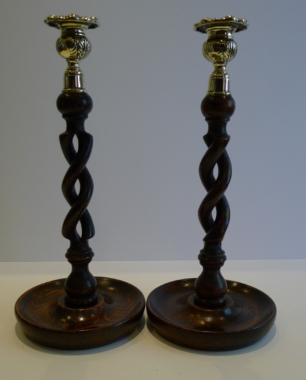 Pair Antique English Oak Open Barley Twist Candlesticks - Brass Thistle Tops