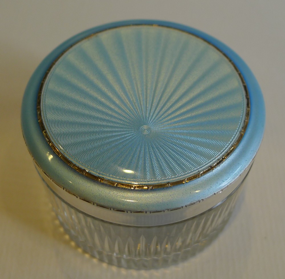 Pretty Antique Cut Crystal Vanity Jar - English Sterling Silver & Enamel