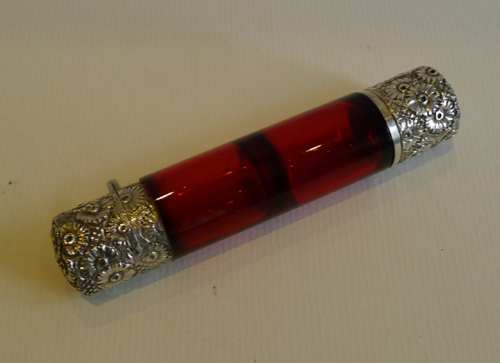 Antique English Double Ended Ruby Red Perfume Bottle - Victorian Sterling Silver c.1880