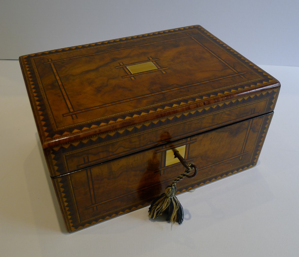 Beautiful Antique English Table or Desk Box - Tunbridge Inlaid Walnut c.1860