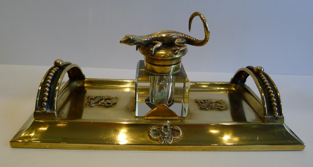Unusual Figural Antique English Inkwell - Lizard, c.1890