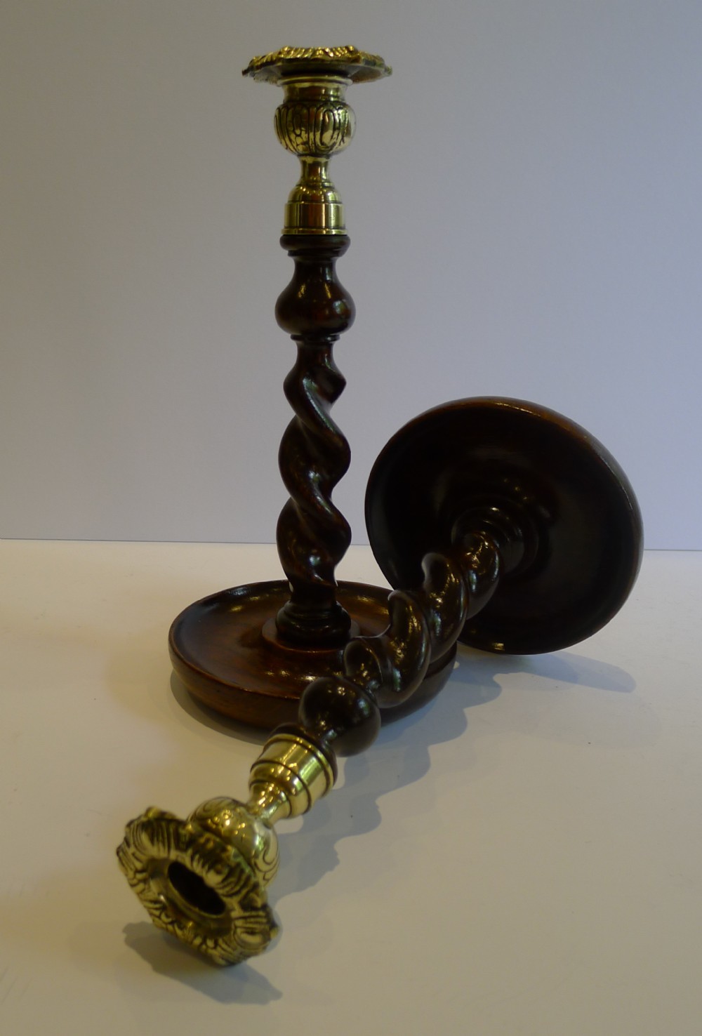 Handsome Pair Solid Oak Barley Twist Candlesticks - Brass Thistle Tops