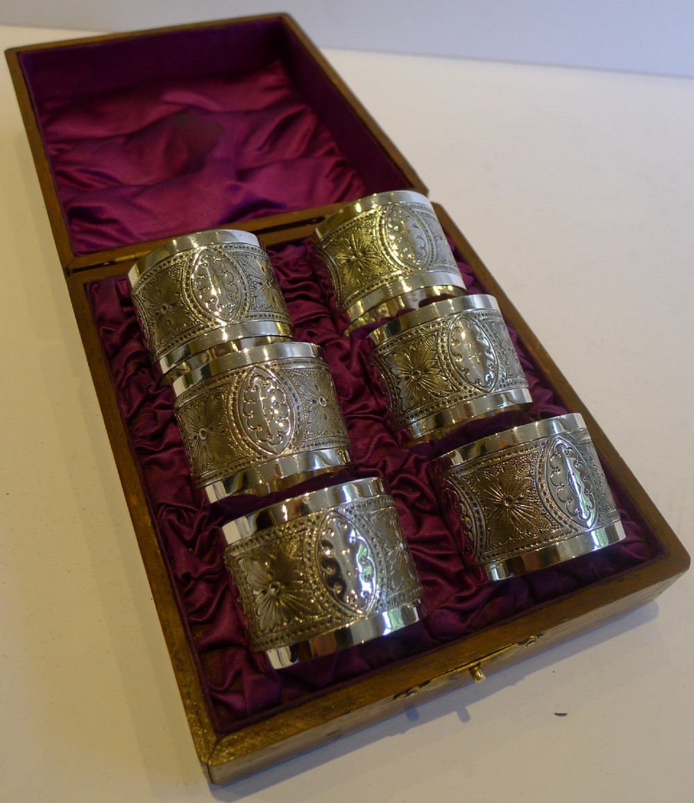 Set Six Antique English Napkin Rings In Original Oak Presentation Box c.1890