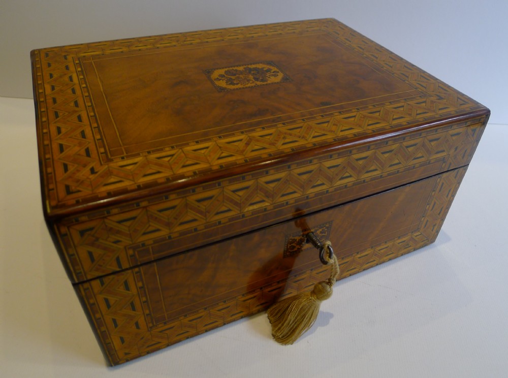 Antique English Burl Walnut and Tunbridge Inlaid Table or Desk Box c.1860