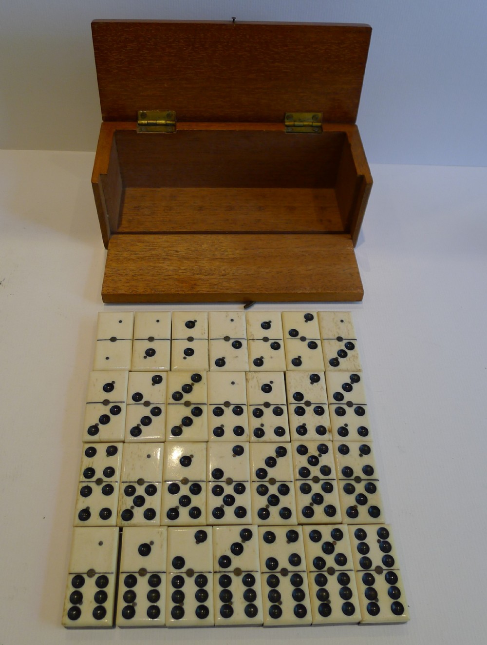 Beautiful Mahogany Boxed Set Antique English Bone & Ebony Dominoes