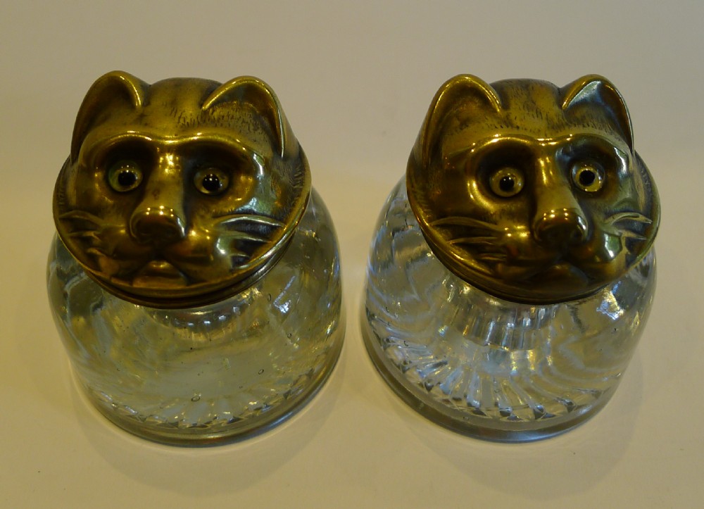 Fabulous Pair Antique English Glass & Brass Cat Inkwells - Original Glass Eyes