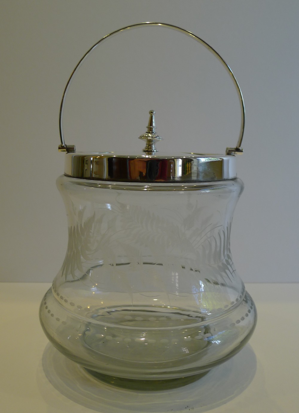 Antique English Fern Engraved Glass & Silver Plate Biscuit Barrel c.1890