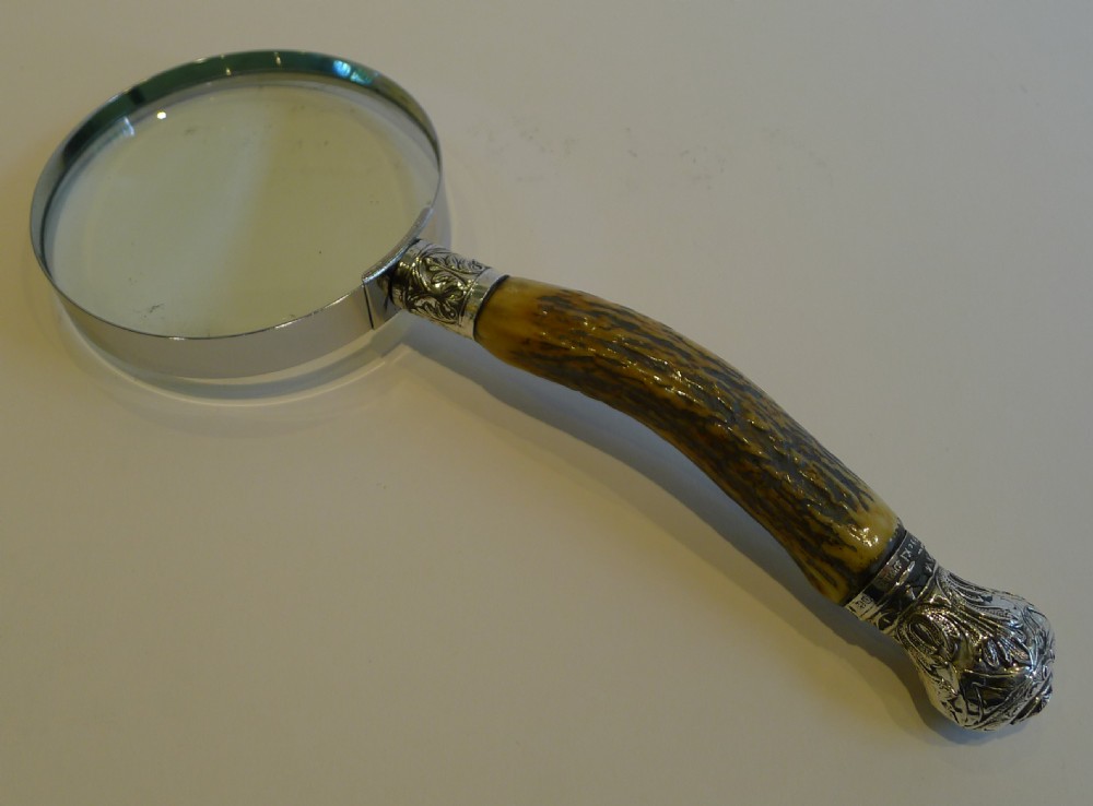 Large Antler Horn Handled Magnifying Glass - English Sterling Silver Fittings - 1901