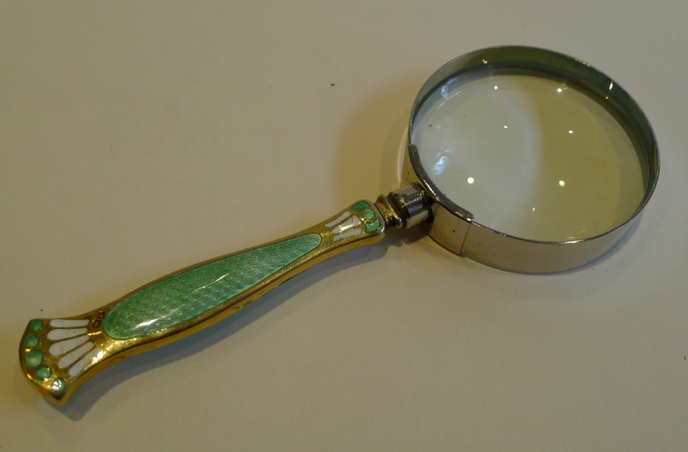 Pretty Vintage Silver Gilt & Enamel Handled Magnifying Glass - 1926