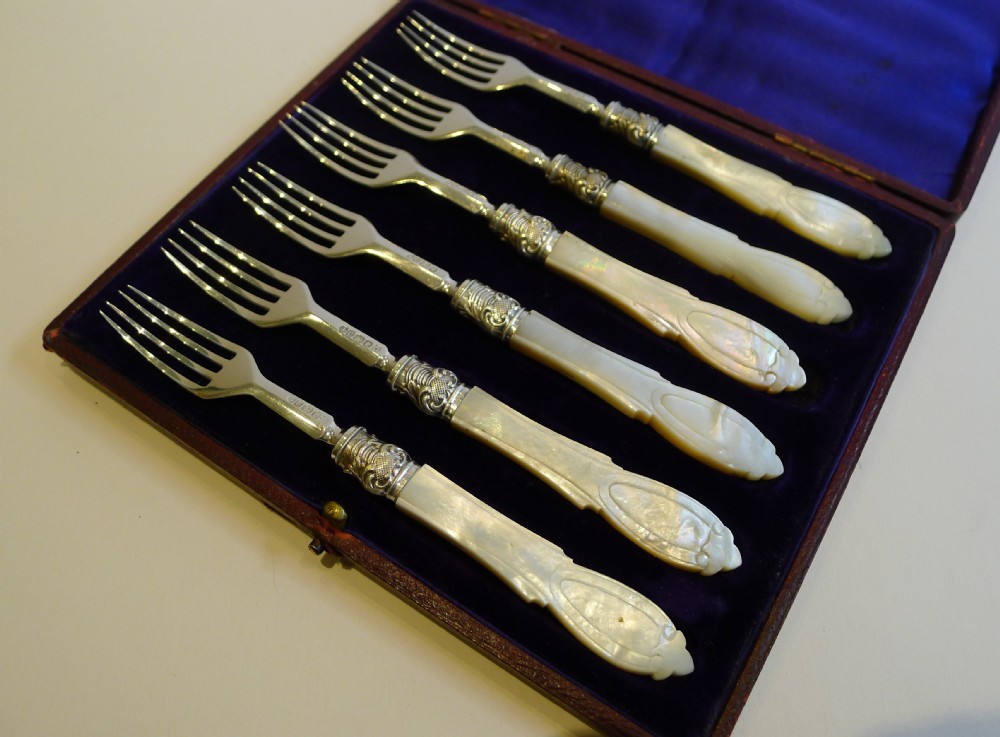 Antique English Sterling Silver & Mother of Pearl Cake or Desert Forks - 1862