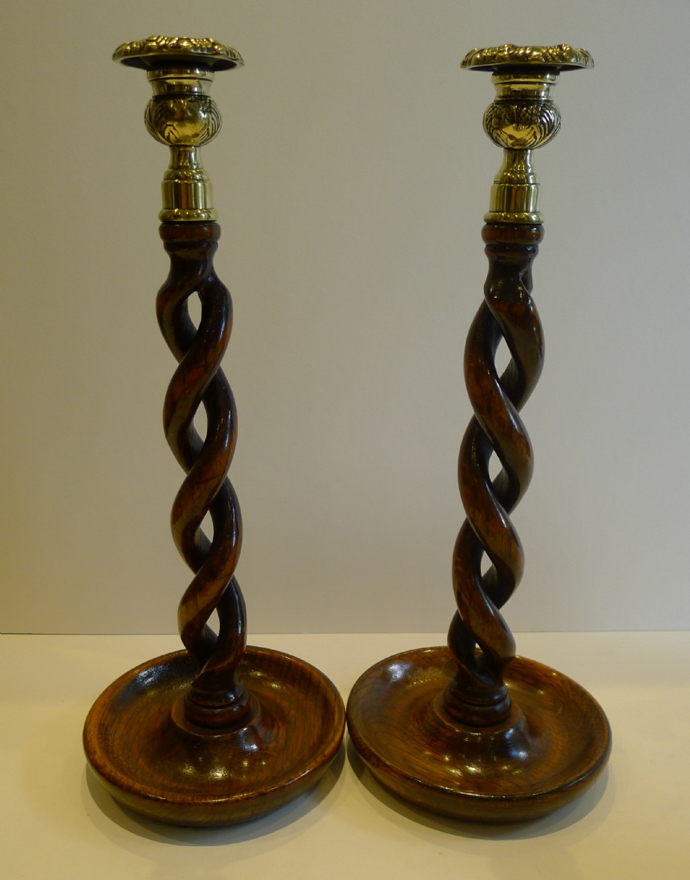 Tall Pair Antique English Oak Open Barley Twist Candlesticks - Brass Thistle Tops