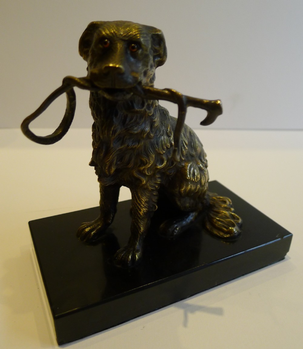 Charming Antique English Figural Bronze Dog Inkwell - Glass Eyes, c.1880