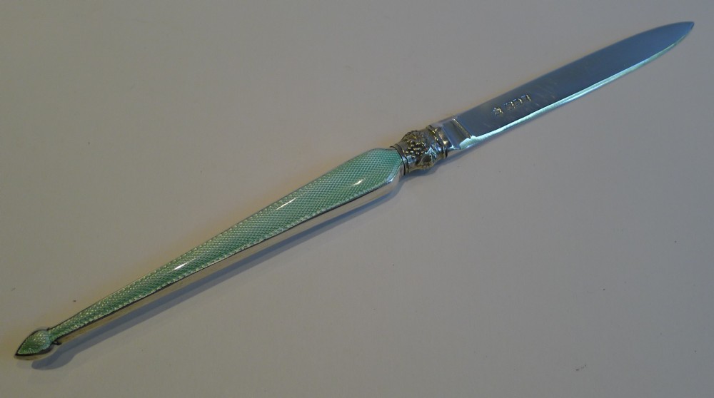 Antique English Sterling Silver & Mint Green Guilloche Enamel Letter Opener