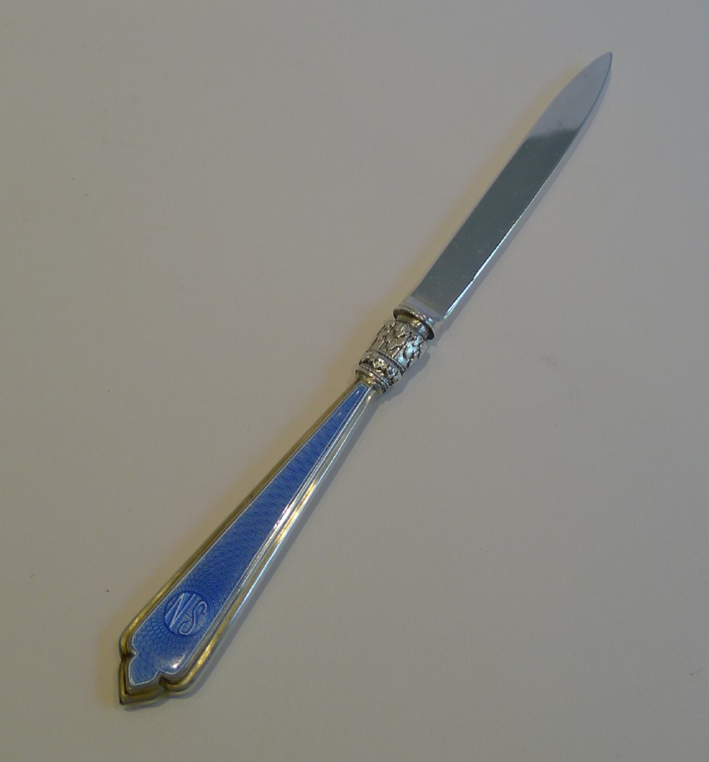 Handsome Antique English Silver & Blue Guilloche Enamel  Letter Opener - 1910