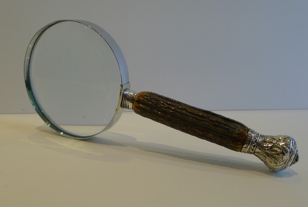 Grand Antique English Antler Horn & Sterling Silver Magnifying Glass - 1901
