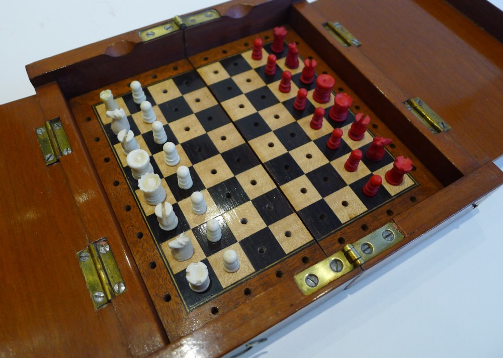 Antique English Mahogany Cased Travel Chess Set c.1900