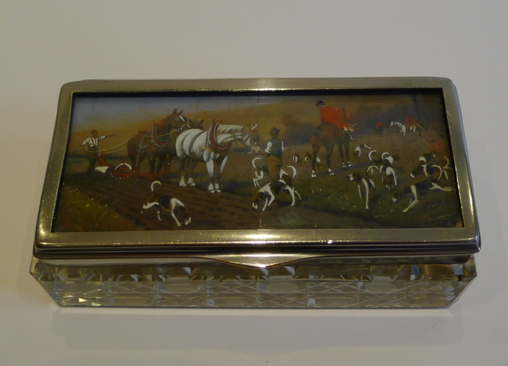 Antique English Cut Crystal Triple Postage Stamp Box - Hunt Scene c.1910
