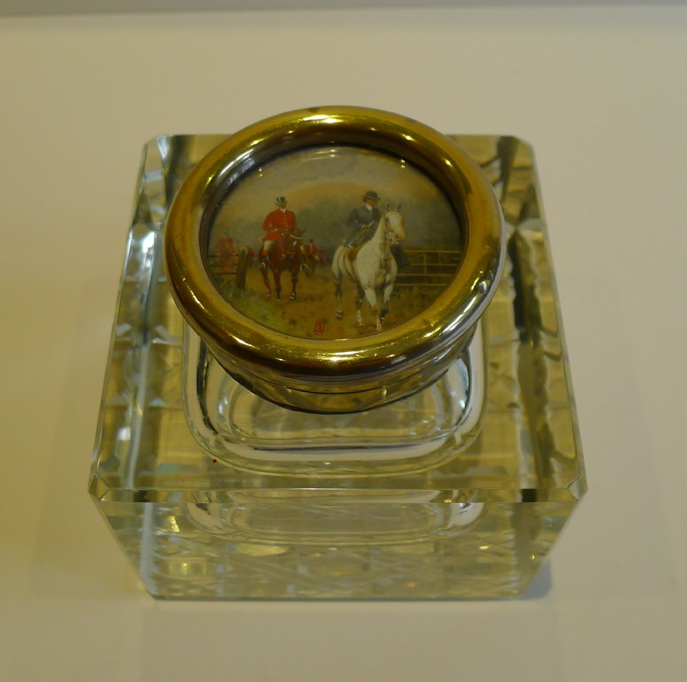 Large Antique, English Cut Crystal Inkwell - Hunt Scene Top c. 1910