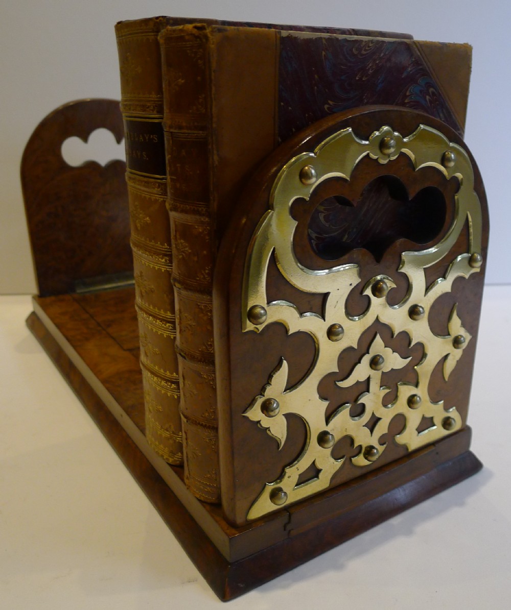 Antique English Burl Walnut Expanding Book Slide - Brass Mounted c.1860