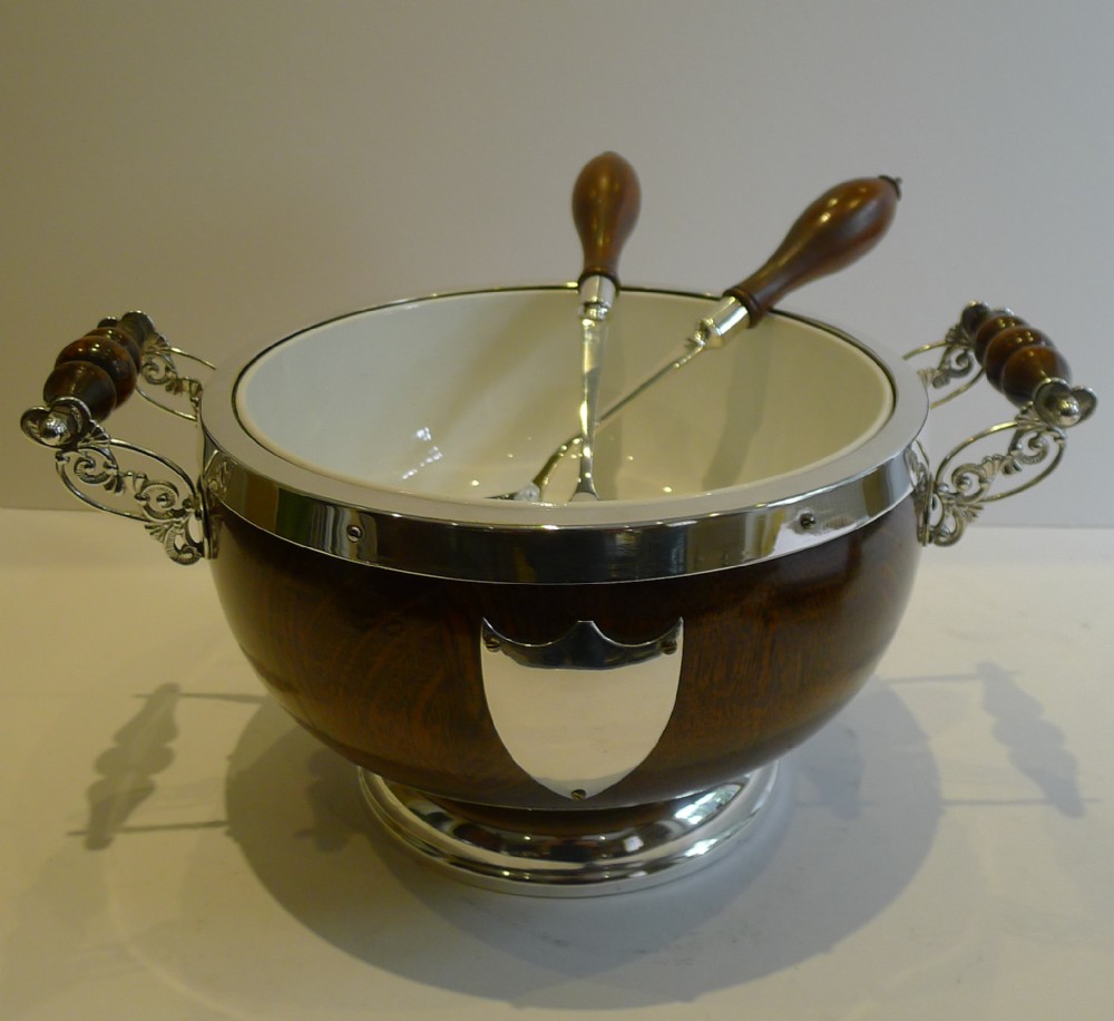 Antique English Oak & Silver Plate Salad Bowl & Servers c.1900