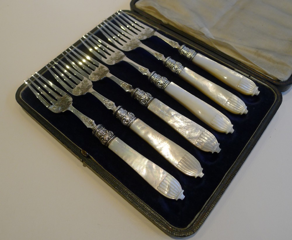 Antique English Sterling Silver & Mother of Pearl Cake or Desert Forks - 1892